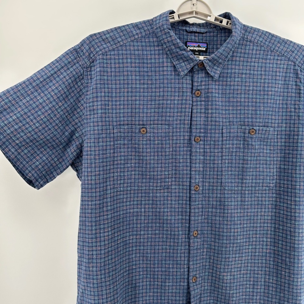 Patagonia Back Step Shirt Mens 3XL Blue Plaid Hemp Cotton Short Sleeve Gorpcore